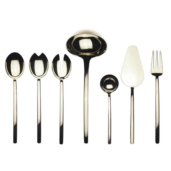 Set of black and gold cutlery on a white background
