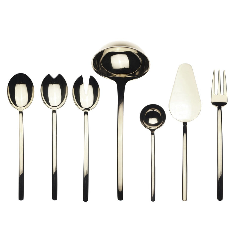 Set of black and gold cutlery on a white background