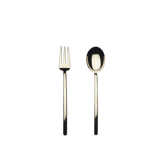Gold fork and spoon on a white background