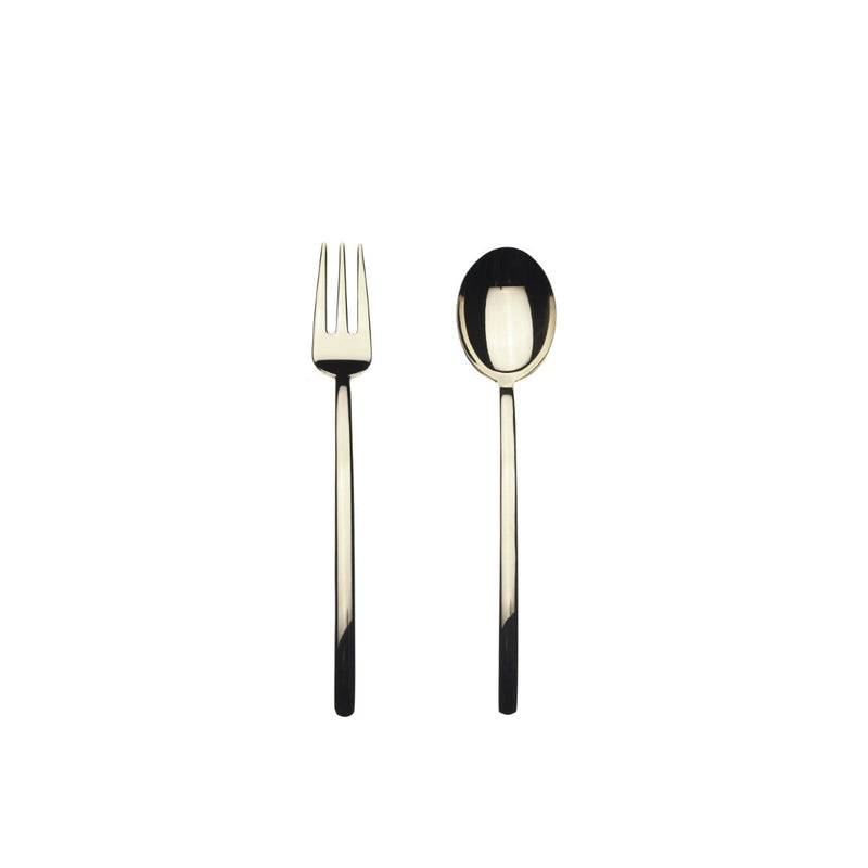 Gold fork and spoon on a white background