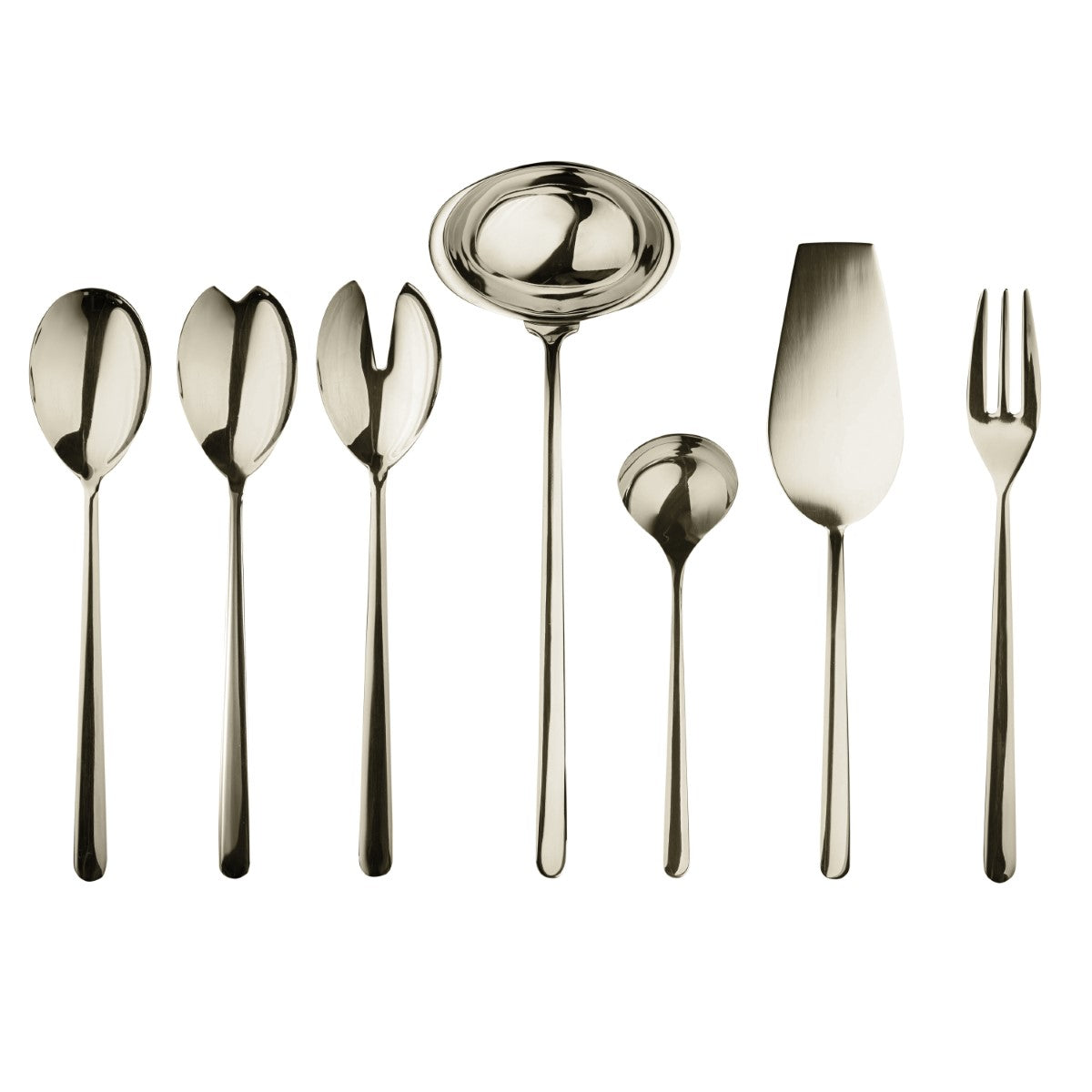 Set of silver cutlery including spoons, a ladle, and a fork on a white background