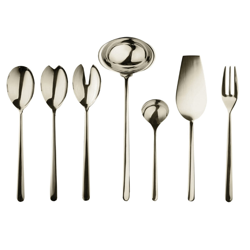 Set of silver cutlery including spoons, a ladle, and a fork on a white background