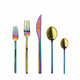 Set of colorful cutlery including forks and spoons on a white background