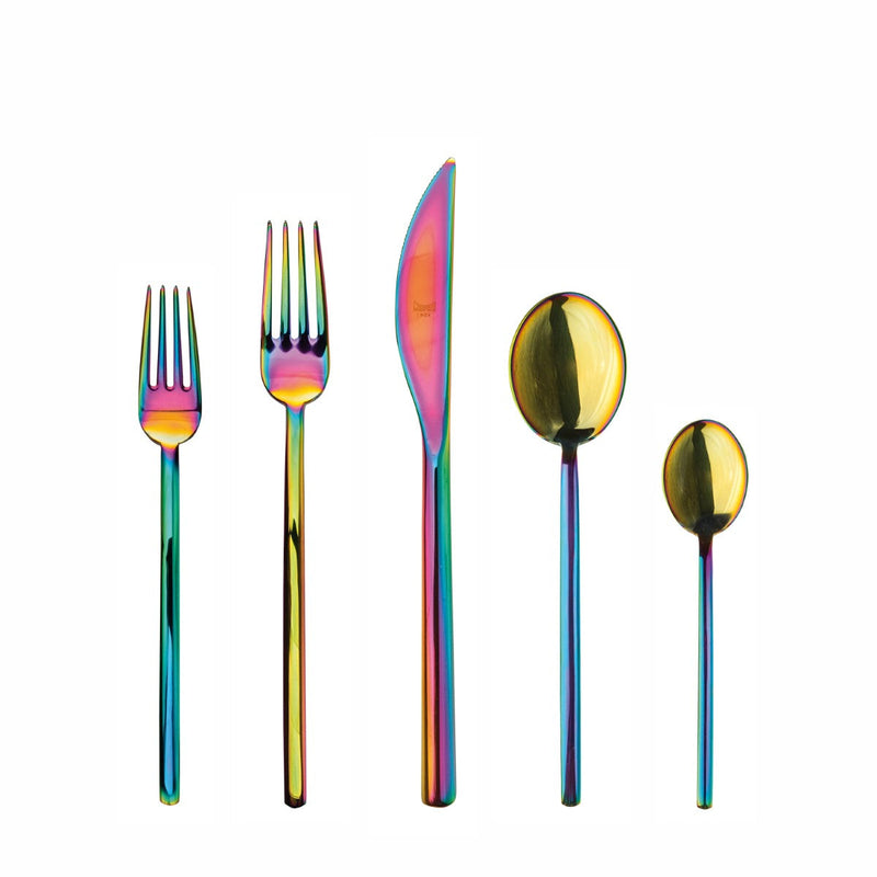 Set of colorful cutlery including forks and spoons on a white background