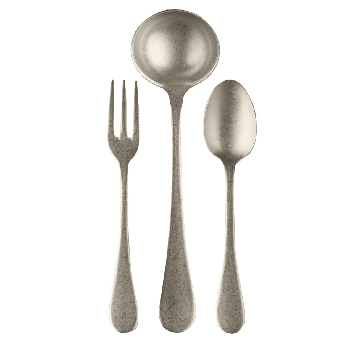Set of silverware including a fork, spoon, and ladle on a white background