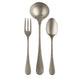 Set of silverware including a fork, spoon, and ladle on a white background