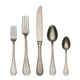 Set of silver cutlery including two forks, a knife, and two spoons on a white background