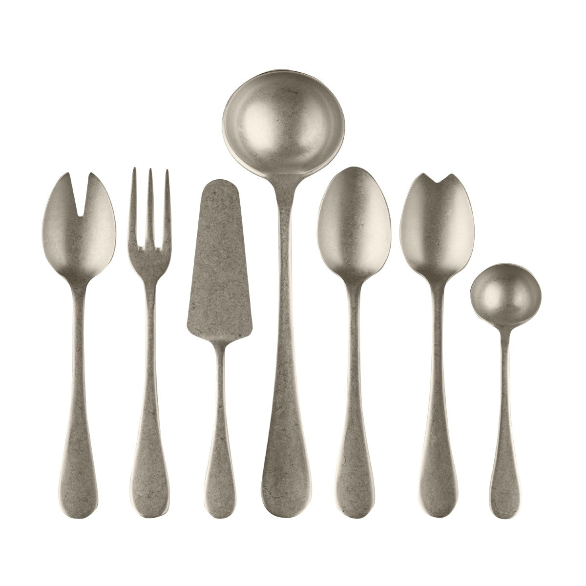 Set of silver flatware including forks, spoons, and a knife on a white background