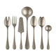 Set of silver flatware including forks, spoons, and a knife on a white background