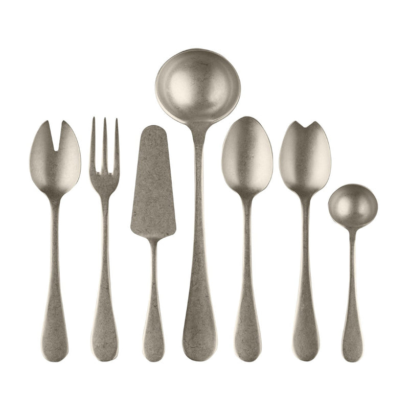 Set of silver flatware including forks, spoons, and a knife on a white background