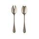 Two silver salad servers on a white background
