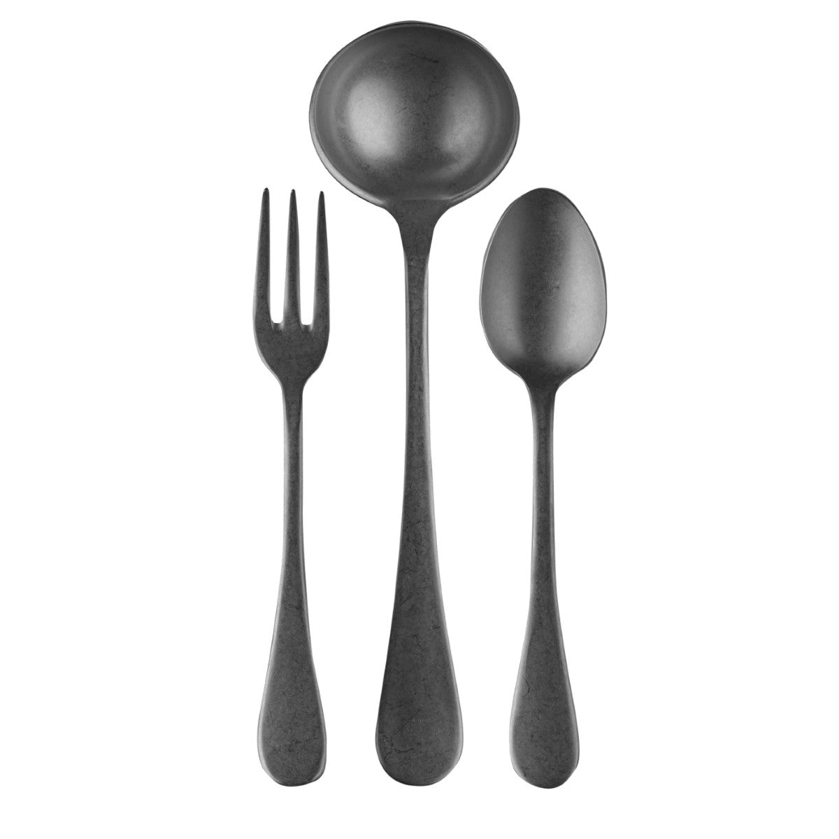 Set of black cutlery including a fork, spoon, and ladle on a white background