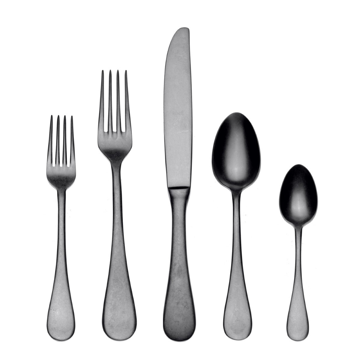 Set of silver cutlery including two forks, a knife, and two spoons on a white background