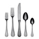 Set of silver cutlery including two forks, a knife, and two spoons on a white background