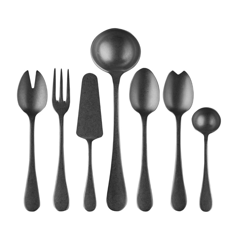 Set of black cutlery including forks, spoons, and a knife on a white background