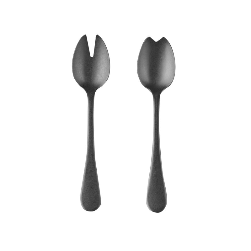 Two black salad servers on a white background