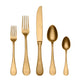 Set of gold-colored cutlery including two forks, a knife, and two spoons on a white background.