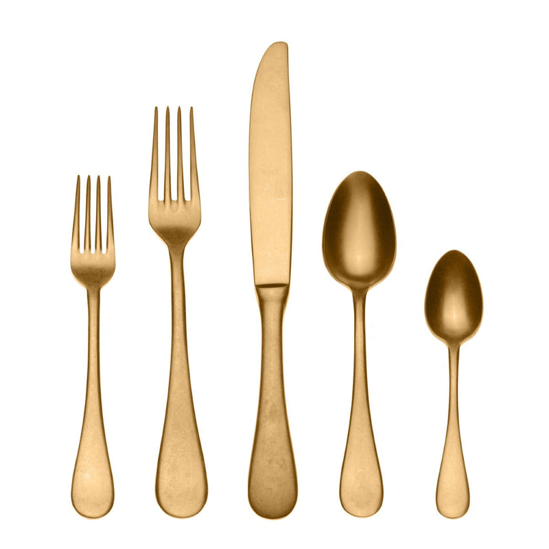 Set of gold-colored cutlery including two forks, a knife, and two spoons on a white background.