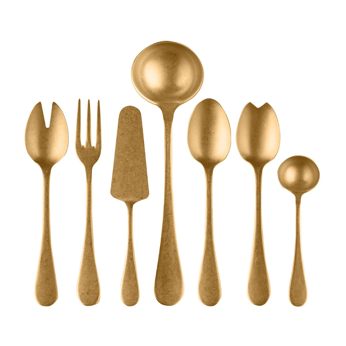 Set of gold-colored cutlery including spoons and a fork on a white background