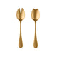 Two gold-colored salad servers on a white background