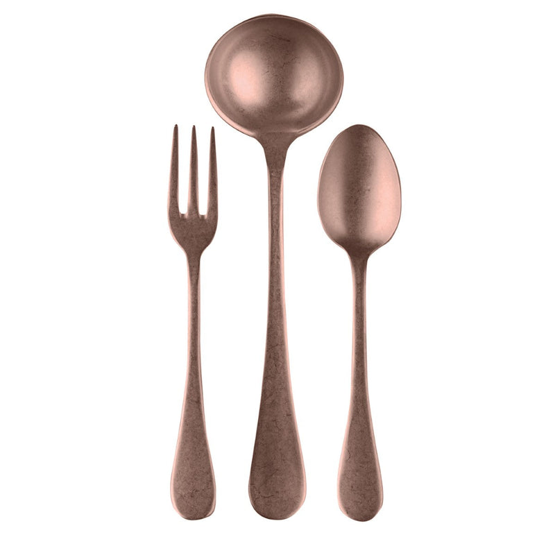 Set of rose gold cutlery including a fork, spoon, and knife on a white background