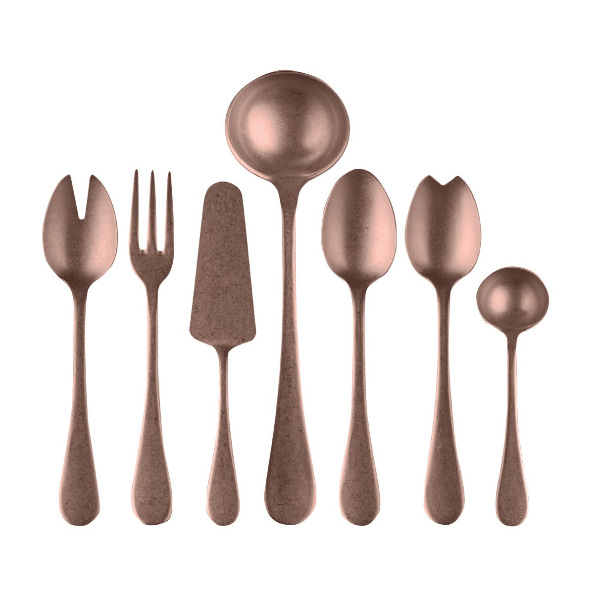 Set of bronze-colored cutlery including forks, spoons, and a knife on a white background