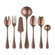 Set of bronze-colored cutlery including forks, spoons, and a knife on a white background