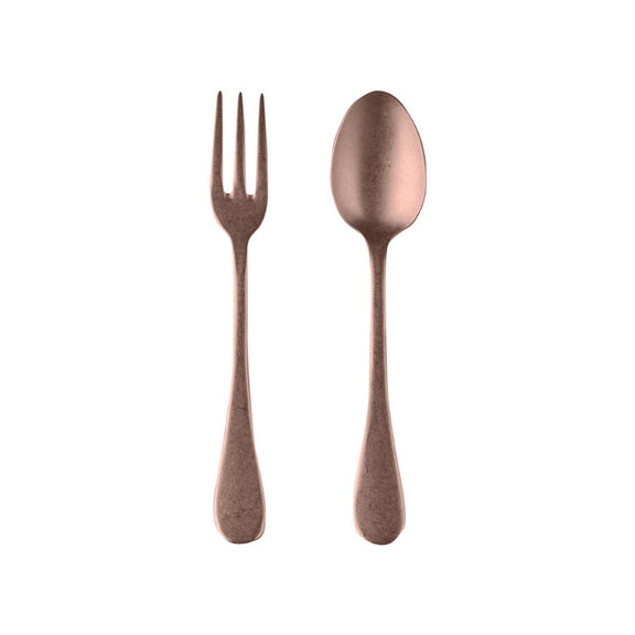 Rose gold spoon and fork set on a white background