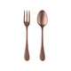 Rose gold spoon and fork set on a white background