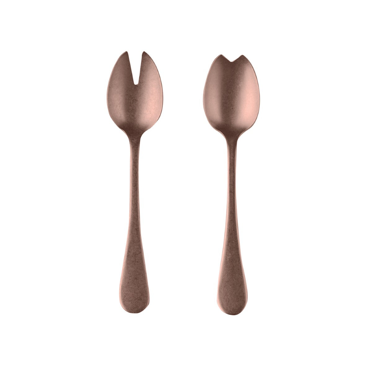 Pair of rose gold salad servers on a white background