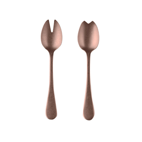 Pair of rose gold salad servers on a white background