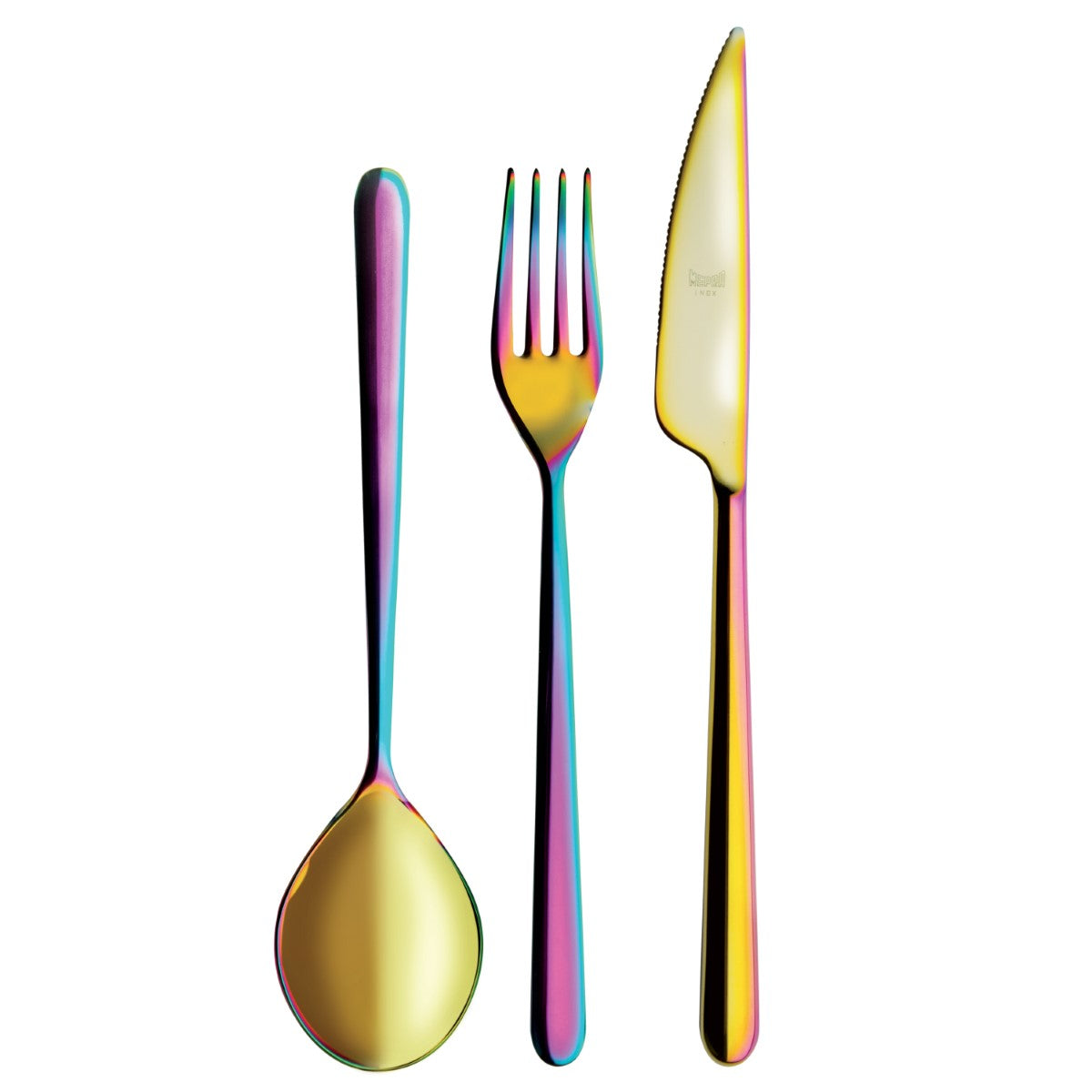 Set of colorful cutlery including a spoon, fork, and knife on a white background