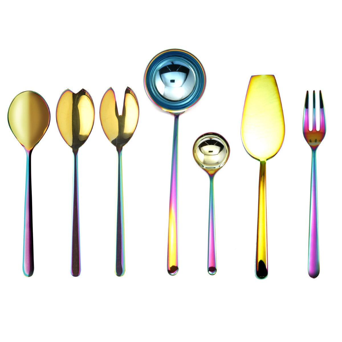 Set of colorful cutlery including spoons and a fork on a white background