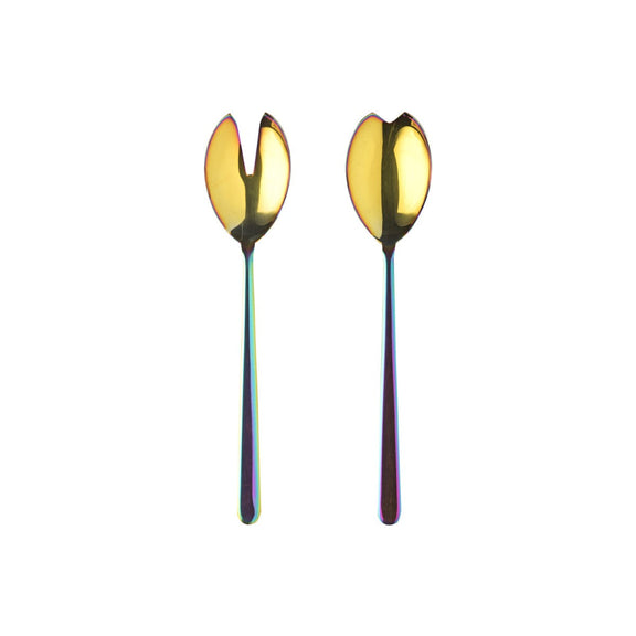 Pair of colorful salad servers with tulip-shaped handles on a white background