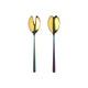 Pair of colorful salad servers with tulip-shaped handles on a white background