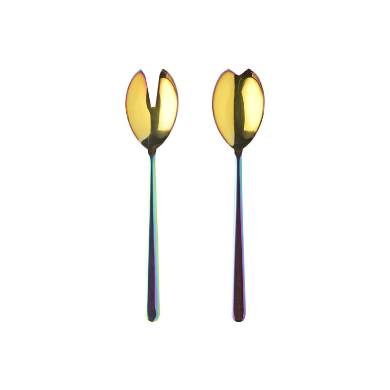 Pair of colorful salad servers with tulip-shaped handles on a white background