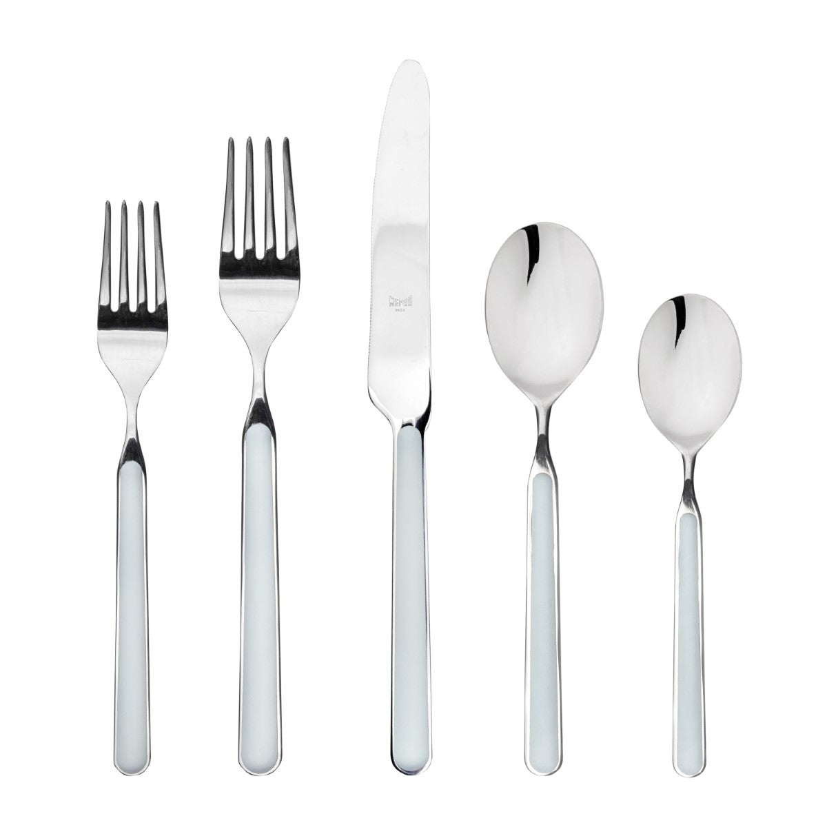 Set of silver cutlery with white handles on a white background