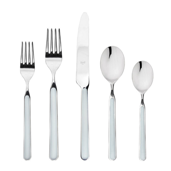 Set of silver cutlery with white handles on a white background