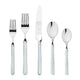 Set of silver cutlery with white handles on a white background