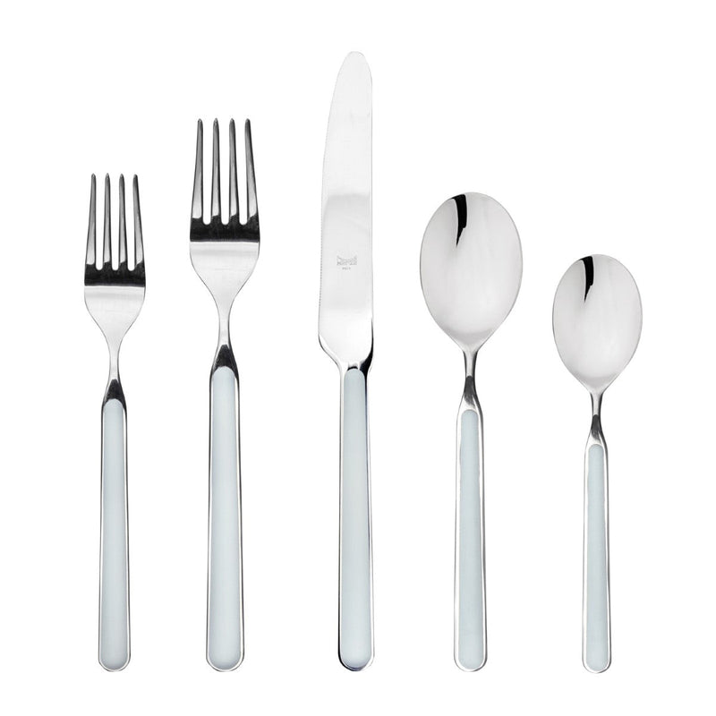 Set of silver cutlery with white handles on a white background