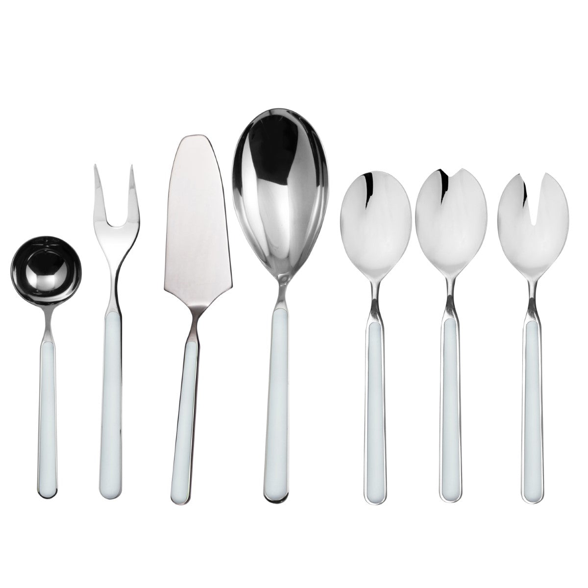 Set of silver cutlery including spoons, forks, and a knife on a white background