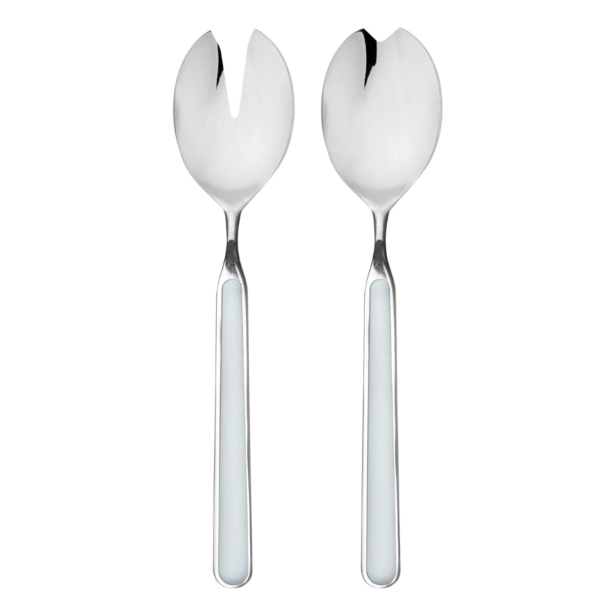 Two silver salad servers with unique handles on a white background