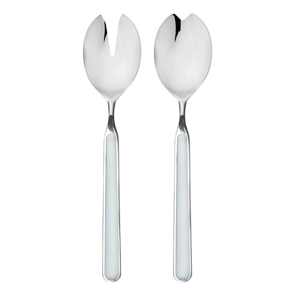 Two silver salad servers with unique handles on a white background