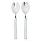 Two silver salad servers with unique handles on a white background