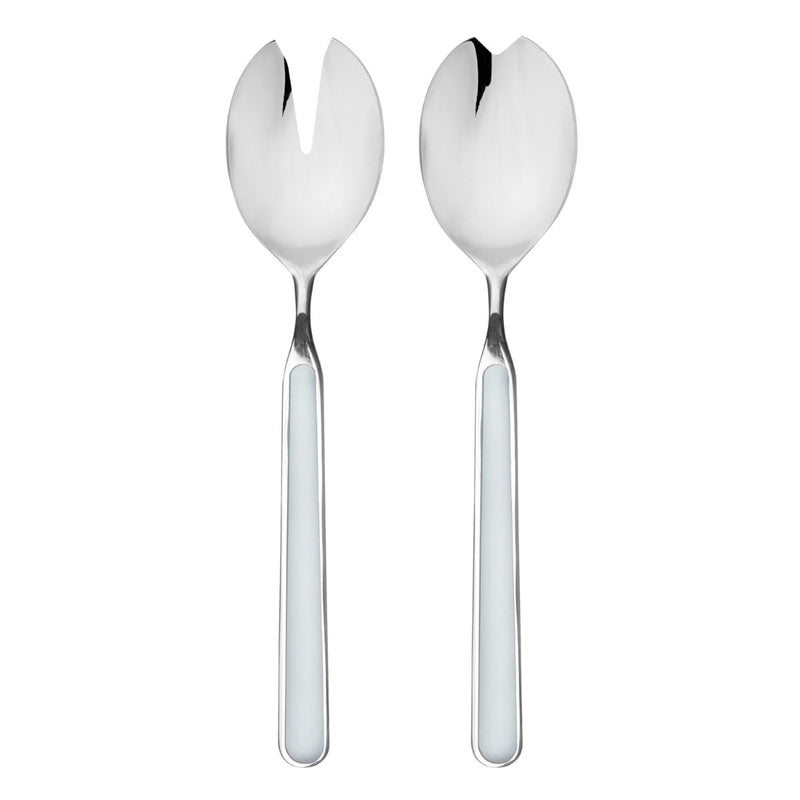 Two silver salad servers with unique handles on a white background