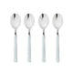 Four silver spoons on a white background