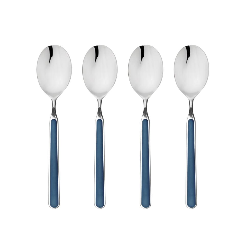 Four silver spoons with blue handles on a white background