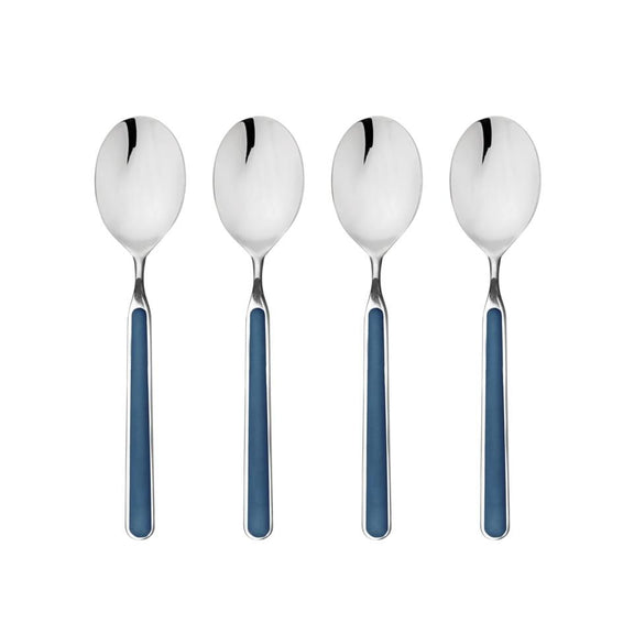 Four silver spoons with blue handles on a white background