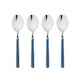 Four silver spoons with blue handles on a white background