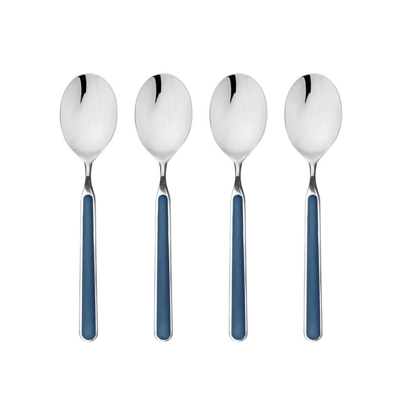 Four silver spoons with blue handles on a white background